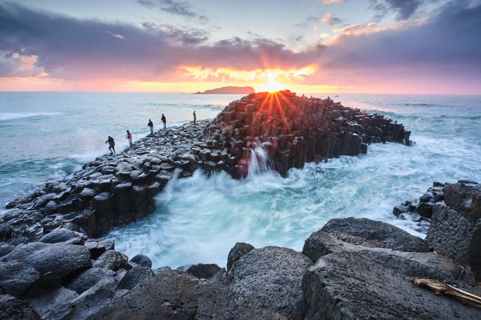 Sunrise over the basalt columns of the Giant's Causeway